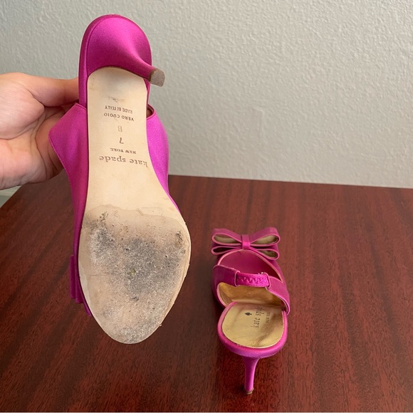 Kate Spade fuchsia satin sling back heels with bow - Picture 7 of 7